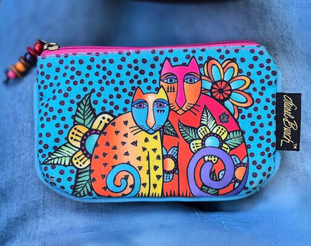 Laurel Burch Vintage Feline Folk Art Canvas Makeup Pouch Coin Bag Whimsigoth